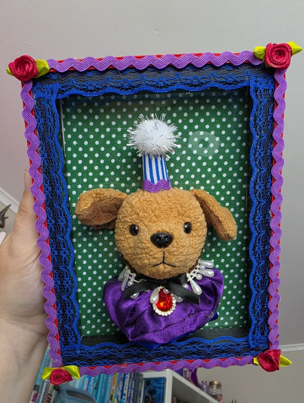 Handmade Plush Dog Wall Décor in Purple Costume